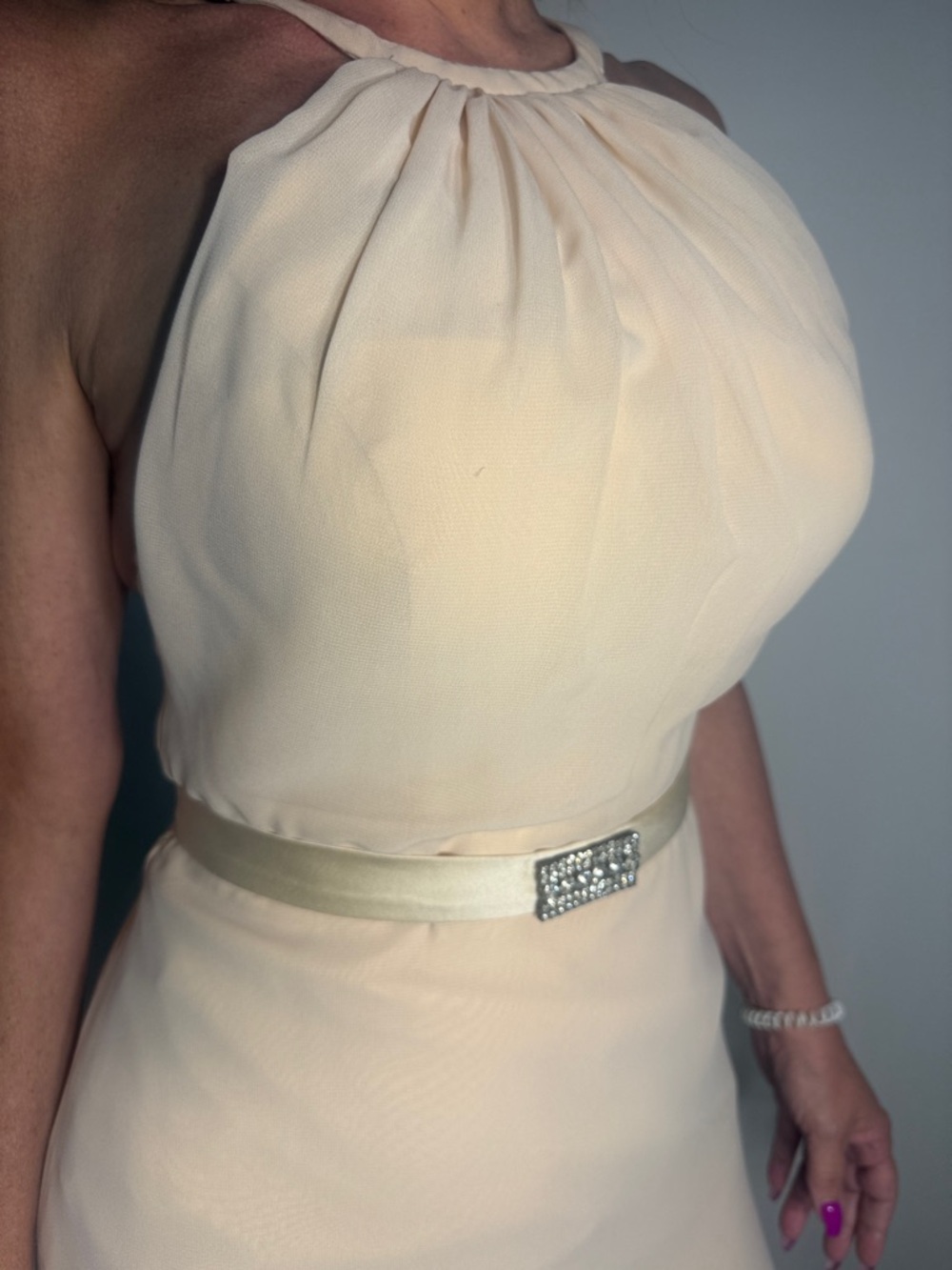 CHRISTINA WU CHAMPAGNE HALTER MAXI GOWN SZ 2 - Picture 4 of 9